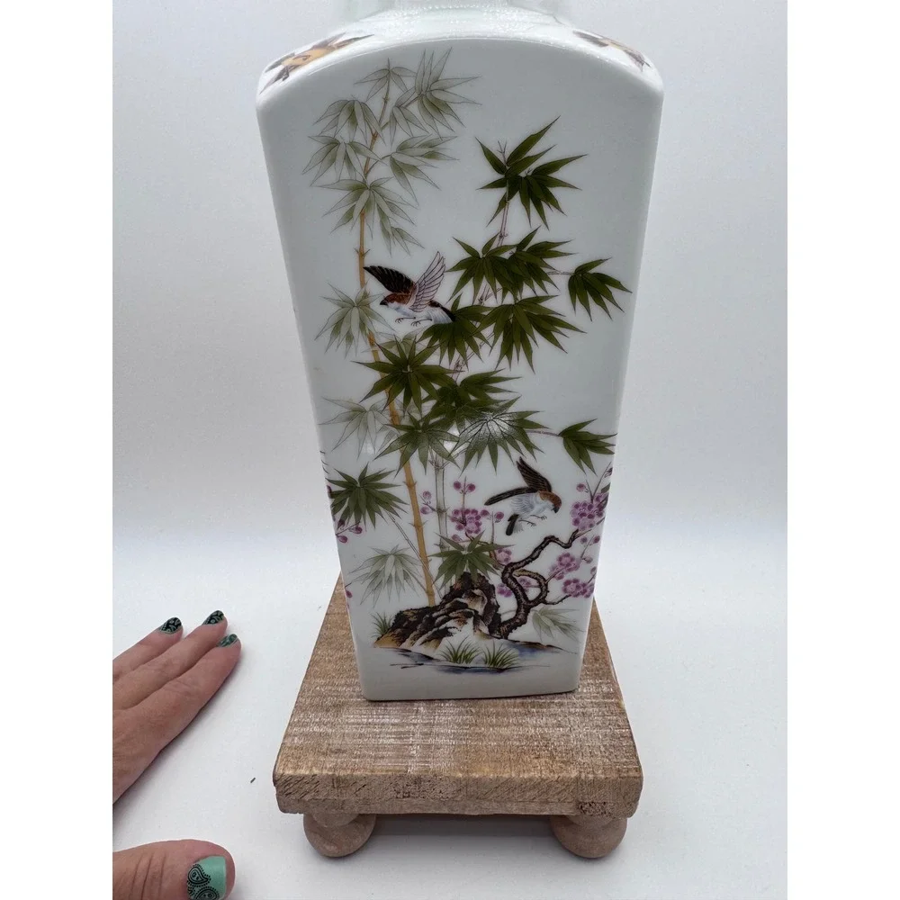 Satsuki Japan Porcelain Vase Vintage Bamboo Birds Cherry Blossom Gold Rim